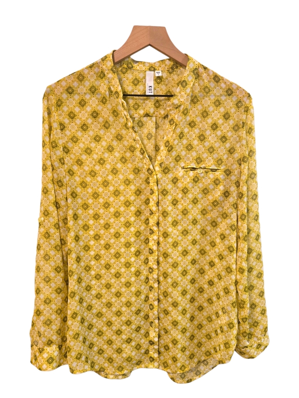 Kut From The Kloth Yellow Green Sheer Retro Print Roll Tab Sleeve Blouse Large